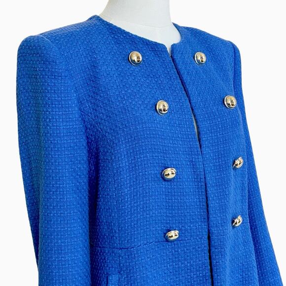 Zara Textured Blue Blazer Jacket Gold Buttons Hook Eye Closure Cotton Medium - Picture 6 of 16